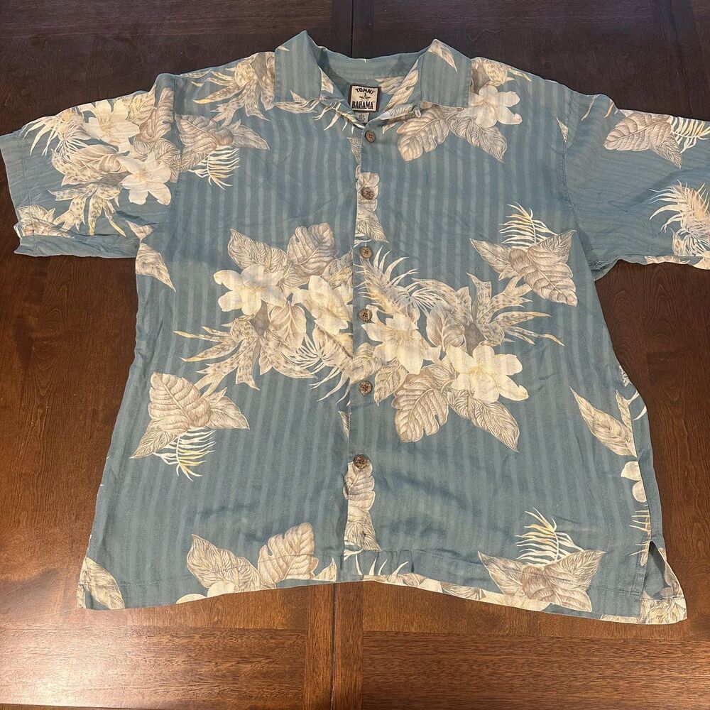 Tommy Bahama Mens L Silk Camp Shirt Blue Tropical Floral Button Down